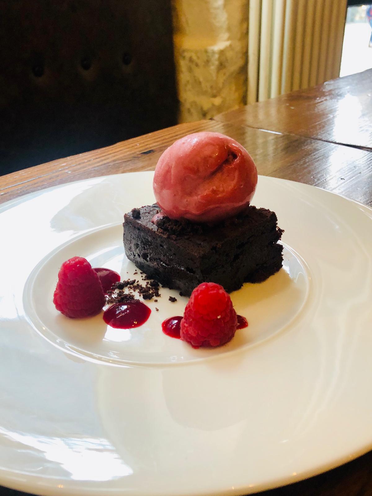 Chocolate brownie with raspberry sorbet