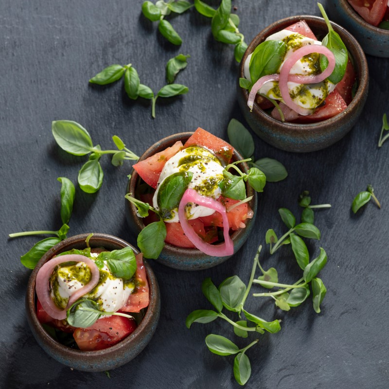 Small pots with tomato and basil on slate board